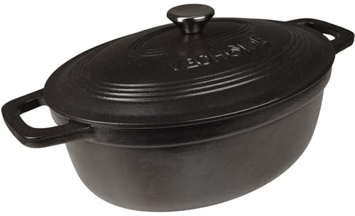 Schmortopf Emailliertes Gusseisen VeoHome Mattschwarz 6L oval, Ultra widerstandsfähiger Bräter, Kochtopf kompatibel mit Induktion/Gas/Ofen, gleichmäßiges Garen, authentische Aromen, Relief-Deckel