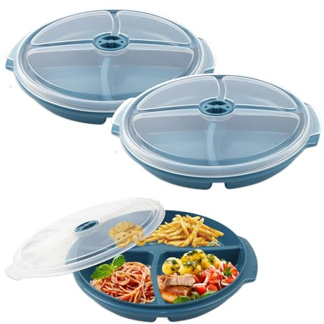 Luckwaii Mikrowellen Teller 3 Stück Mikrowellenteller mit Deckel, Blaugrün | Multischale mit 3 Fächern Portionsteller Teller Bentobox Mikrowellengeschirr zum Aufwärmen Mahlzeiten Getrennt Aufbewahren