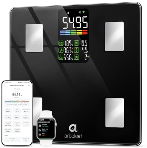 arboleaf Körperfettwaage Personenwaage digital für Körperanalyse bis 226KG | Waage mit Körperfett und Muskelmasse mit App 14 Körpermaße, Genaue Waage mit Großes LED-Display und 30 * 30cm Plattform