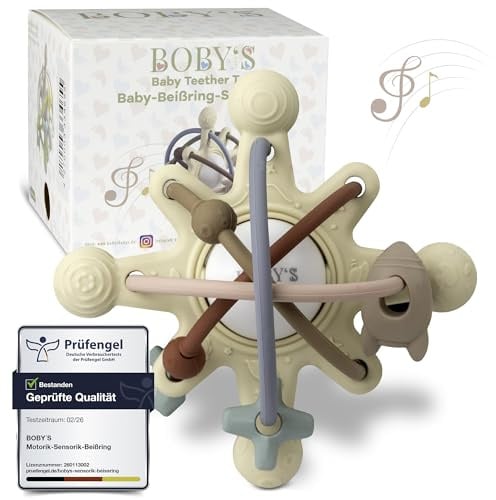 BOBY´S Sensorischer Beißring Navajo White - Motorikspielzeug aus BPA-freiem Silikon - Zahnhilfe und Rassel in Einem - Multifunktionales Baby-Spielzeug Leicht zu Reinigen