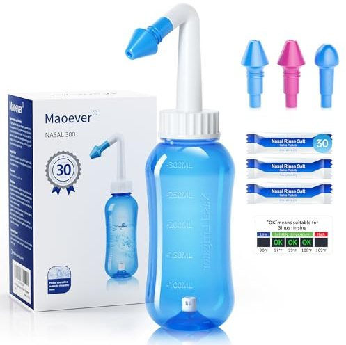 Nasendusche Set, Nasenspülkanne zur Nasenreinigung und Nasenspülung，BPA-frei, 300 ml, mit 30 Nasenwasch-Salzpaketen und Aufkleberthermometer