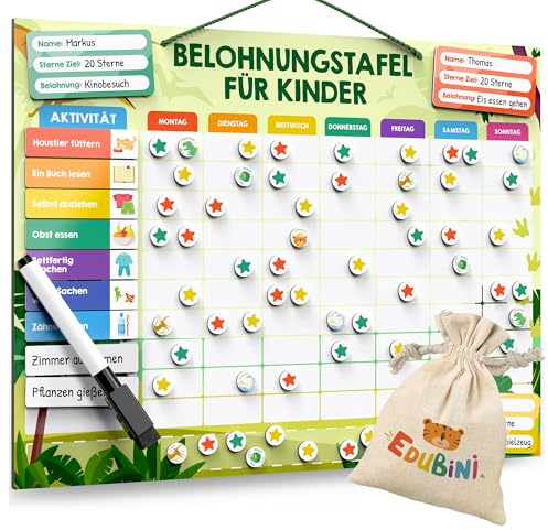 Edubini Belohnungstafel Kinder - [100 Aufgaben + 350 Magnete] - Belohnungssystem für Verantwortung - Family Plan, Montessori Magnettafel, Wochenplaner, Adhs Hilfsmittel - inkl. Tasche, Stift
