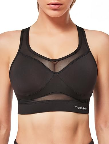 Yvette Sport BH Starker Halt Mesh Ringerrücken Große Brüste Ohne Bügel Gepolstert für Fitness Lauf Yoga,Schwarz,4XL Große Größen