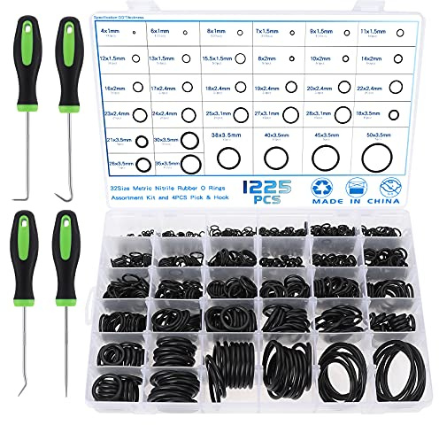Gueenky 1225 Stück O Ring Sortiment Durchmesser 4-50 mm, 32 Größen Dichtungsringe Dichtungen set Nitrilkautschuk Gummi Dichtring O-ringe mit Pick und Haken Set