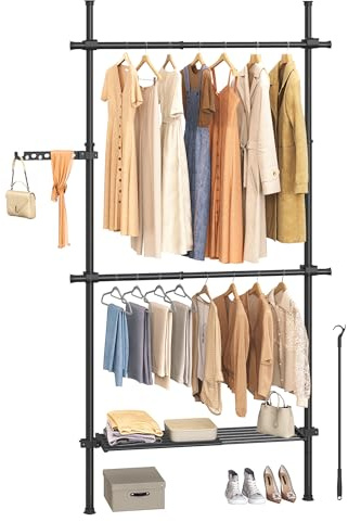 SONGMICS Teleskopstange Kleiderständer, 3-stufige Garderobe, höhen- und breitenverstellbar, offener Kleiderschrank mit 2 Kleiderstangen und Abnehmbarer Ablage, Greifarm, Mattschwarz HSR136B01