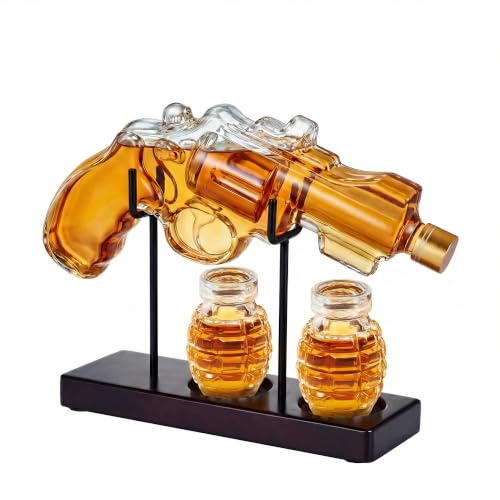 Kollea Neuheit Whisky Karaffe Geschenkset, 2 Granaten-Gläser | Handgefertigte Karaffe, Holzständer, Luxus-Box, einzigartige Geschenke für Männer, Papa, Ehemann, Militär-Fans