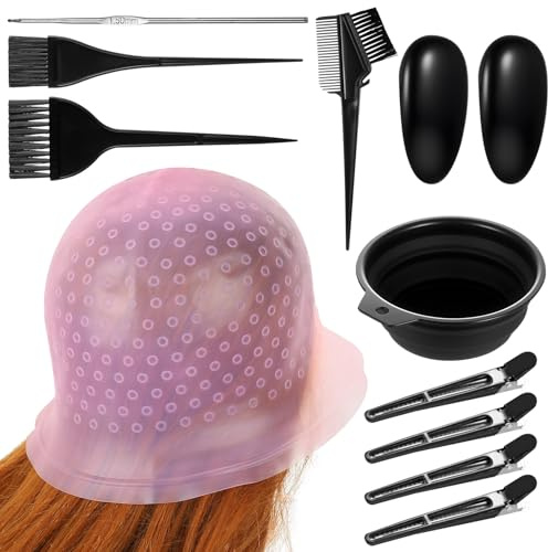 12 Stk Vorgebohrte Strähnchenhaube Haarfärbeset,Strähnenhaube zum Häkeln,Silikon Highlight Kappe, Stränchen Haube zum Haare Färben Zubehör, Färben Hervorhebung mit Färbebürste Clips Ohrmasken, usw