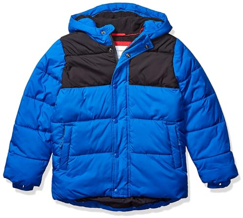Amazon Essentials Jungen Warme Winter Pufferjacke mit Kapuze, Kobaltblau Schwarz Farbblock, 5 Jahre