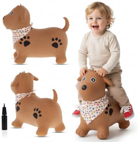 sun baby Hüpftiere ab 1 Jahr mit Pumpe aufblasbares Hüpfspielzeug aus Hochwertigem und Strapazierfähigem Gummi, Verschiedene Designs (Brauner Hund mit Kopftuch)