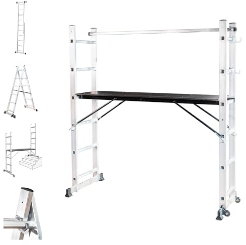 HOSTRÖM Rollgerüst klappbar SCAFFOLDAX2X6, Faltbares Gerüst 4-in-1, Leiter 2-teilig, max. Arbeitshöhe 4,46 m, 5 Jahre Garantie
