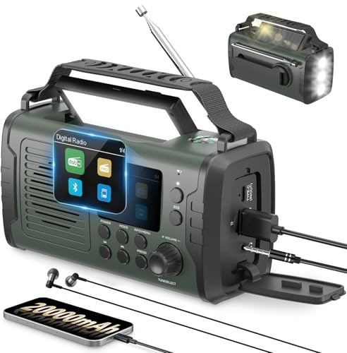 Kurbelradio DAB FM 20000mAh, Notfallradio DAB Plus Kurbel Solar, Solar Radio Notfall mit Bluetooth & Wecker, Emergency Radio mit Handy Ladegerät & Taschenlampe, SOS Kompass Survival Radio (Grüner)
