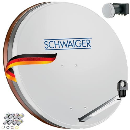 SCHWAIGER Satellitenschüssel Komplettset - Ø 80 cm Stahl Offset Antenne in Hellgrau - Inkl. sonnengeschütztes Quad LNB 4-Fach - Digital HD & 4K Empfang - Integrierte Kabelführung & wetterfest