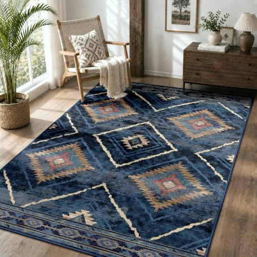 DEFYNEE Teppich Wohnzimmer 90 x 150 cm, Waschbare Teppiche, Dunkelblau | Vintage Wohnzimmerteppich, waschbar, OEKO, Retro, Rutschfest Kurzflor Weich für Schlafzimmer, Esszimmer, Küche, Büro