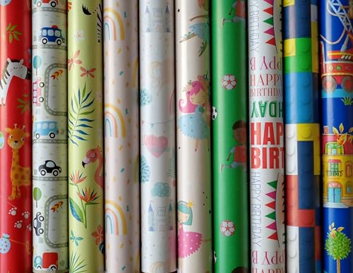 10 Rollen Kinder Geschenkpapier, Geburtstag, Feier Neutral 2m x0,7m, Geschenkverpackung