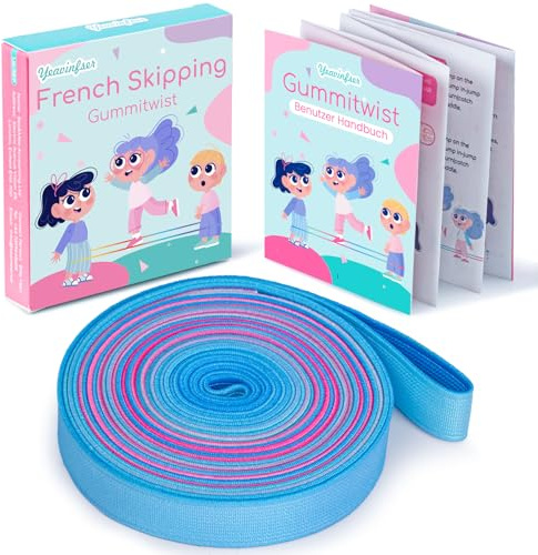 Yeavinfser Gummitwist für Kinder – 4m langes Hüpfgummi (1,5cm breit) mit Anleitung | Regenbogenfarbenes Polyester-Latex-Band für Indoor- & Outdoor-Hüpfspiele Mädchen & Jungs