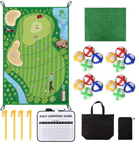 Golf Trainingsmatte Set, Golfspielset mit 16 Golfbällen und Scoreboard, Schlagmatte für Indoor und Outdoor, Golf Spielmatte für Kinder/Erwachsene, Perfekt für Hinterhofspiele und Golftraining zu Haus
