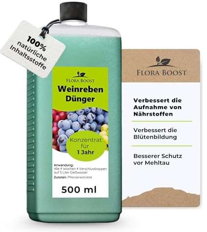 Flora Boost Weinreben Dünger Flora Boost 500ml I Für bis zu 100L Gießwasser I Für gesunde Weinreben & Schutz vor Mehltau I Flüssiger Blatt- & Wurzeldünger I 100% natürlicher Pflanzendünger