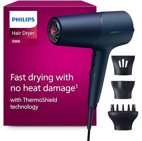 Philips Haartrockner 5000 Series, ThermoShield Technologie, Ionisierungsfunktion, 2.300 W, Metallic-Blau, mit 9-mm- und 11-mm-Stylingdüse, Volumendiffusor, BHD510/20