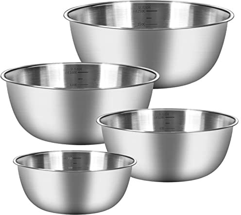 Chuner Rührschüssel 4er-Set Edelstahl Schüssel Set, 4 Größen von Schüsseln - 0.7 L/ 1.2 L/ 1.8 L/ 2.5 L, Spülmaschinenfest Salatschüsseln, Snackschalen und Schüsseln