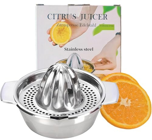 Zitronenpresse Edelstahl mit Behälter 500ml, Orangenpresse Durchmesser 13cm, Saftpresse Manuell für Limetten, Apfelsinnen, Orange, Lemon Squeezer Spülmaschinengeeignet