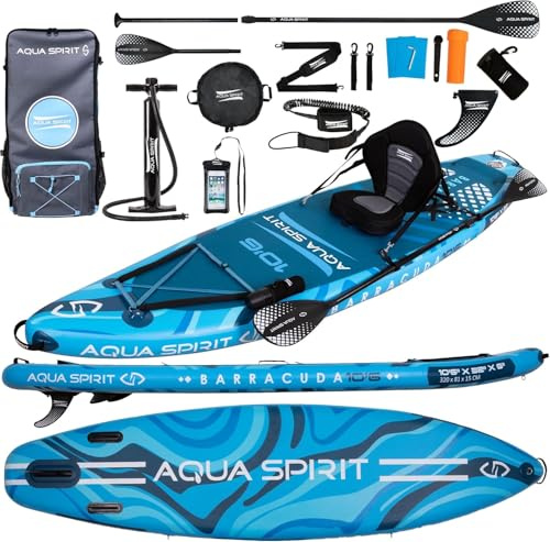 Aqua Spirit Sup Board mit Sitz | Kajak Aufblasbar Barracuda Stand Up Paddling Board 320x81x15cm Für Standup Paddle Board bis 150KG mit Sup Sitz, Doppelpaddel, Pumpe, Tasche & Zubehör Sup Set