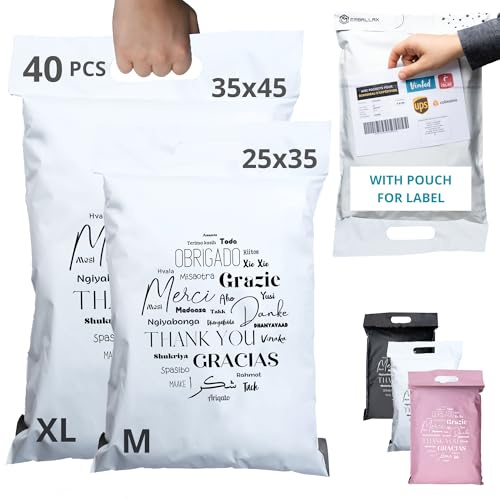 EMBALLAX - 40 Versandtaschen MIT TASCHE FÜR VERSANDETIKETT - 2 Größen M/XL - WIDERSTANDSFÄHIG/WASSERDICHT - Versandtüten für Kleidung - Warensendung Umschlag für Kartons - Versandbeutel - Danke
