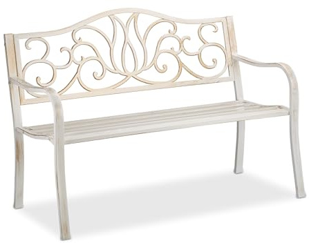 Relaxdays Gartenbank Antik für 2 Personen, Balkon, Terrasse, Premium Rostschutz, Metallbank 90x127,5x63 cm, weiß-bronze