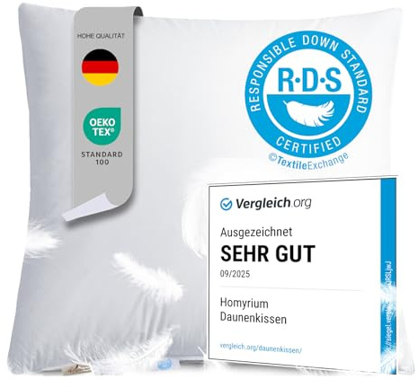 Homyrium Daunenkissen 80x80 Kopfkissen 80x80 Daunen Federkissen Dreikammer Kissen FÜLLUNG: außen 90% Daunen / 10% Federn; innen 100% Federn, 100% Baumwollbezug (1600g, 1er Pack)