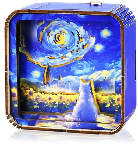 ZOBMIO 3D Puzzle Nachtlicht mit Sternenhimmel-Katze Design - Holz DIY Bastelset für Erwachsene & Kinder, Dimmbare LED Tischlampe, Geschenkidee für Weihnachten/Geburtstag/Wohnkultur