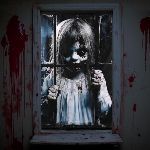 Kenvora Halloween Deko Gruselig Fensterbilder - Halloween Deko Fenster Vorhang für Outdoor Innen Garten Haustür Tür, 120 x 80cm Helloween Draußen Fensterdeko Türdeko Horror Party Decorations Zubehör