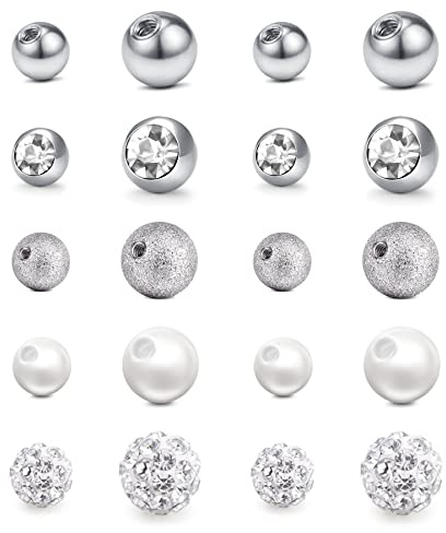 Mayhoop 10 Paar 14G 5mm/8mm Piercing Kugeln Bauchnabelpiercing Kugeln Chirurgenstahl Kunststoff Ersatzkugeln Perle Kristallkugeln für Bauchnabelpiercing für Frauen Silber