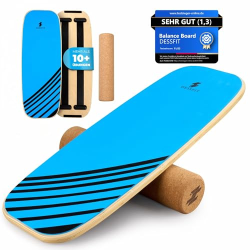 Dessfit Balance Board Holz Rutschfest mit Kork Rolle | Balance Board Erwachsene & Kinder | Gleichgewichtstrainer | Pilates board | Wackelbrett Physiotherapie Zubehör | Balance Training Equipment
