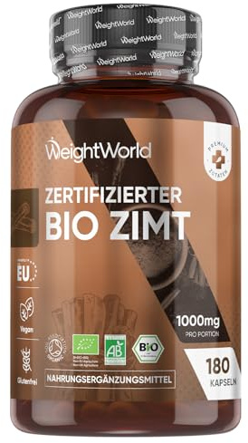 BIO Zimt Ceylon Kapseln - 1000mg Ceylon Zimt Gemahlen Pulver pro Tagesdosis - 180 Zimtkapseln für 3 Monate - Aus Sri Lanka - Frei von Gluten, Zusatzstoffe & Laktose - WeightWorld