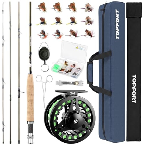 TOPFORT Fliegenfischrute und Rolle Combo Starter Kit, 4-teiliges leichtes Ultra-tragbares Graphit-Fliegenrute, komplettes Starterpaket mit Tragetasche