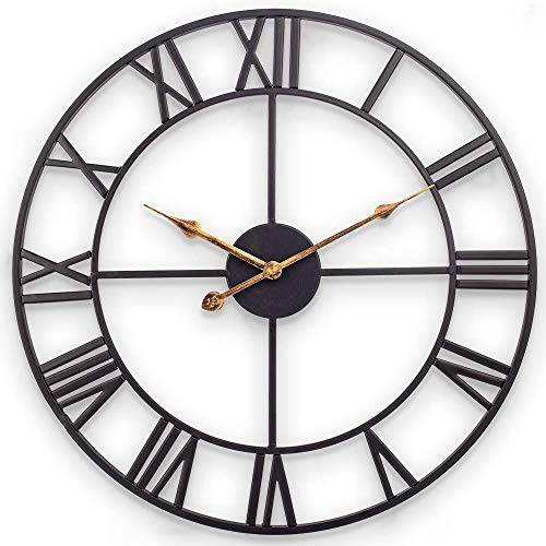 SkyNature Große Wanduhr, europäische industrielle Vintage-Wanduhr mit großen römischen Ziffern, geräuschlose, nicht tickende Metalluhr für Zuhause, Wohnzimmer, Küche, Schlafzimmer und Höhle – 47 cm, S