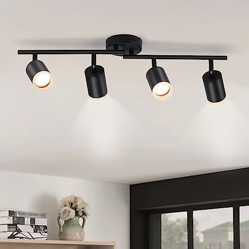 Gr4tec Deckenstrahler 4 Flammig, Deckenlampe Schwarz, Deckenleuchte GU10 | Modern Deckenspot Schwenkbar, Metall Küchenlampe, Lampe Strahler Decke für Wohnzimmer Schlafzimmer Flur, Ohne Leuchtmittel