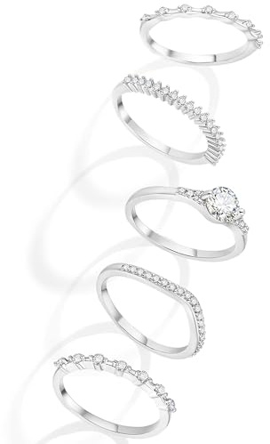 Macachii 5 Stück Ring Silber Damen Wasserfeste Ringe Frauen Stack Cubic Zirkonia 14k Gold Verlobungsring Damen Statement Stapelbare Daumenring Fingerring Set Schmuck für Freundin Mom