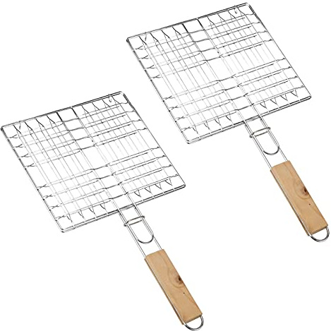 Grillkorb Tragbarer Grillrost Fischbräter Gemüsekorb BBQ Grillrost mit Holzgriff Gartengrill Grillrost Eckiger Grillrost Faltbarer Grillgitterclip für Drinnen und Draußen Fisch Gemüse Garnelen 2 PCS