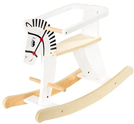 Mamabrum Holz-Schaukelpferd, Mitwachsend für Babys & Kleinkinder, Abnehmbarer SchutzbüGel, Weiß - Sicheres Schaukeltier mit Geländern, bis 25 kg, 68x48x26,5 cm