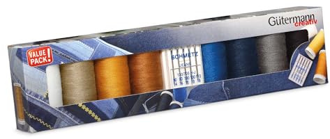 Gütermann creativ Nähfaden-Set mit 8 Spulen Profi-Jeansfaden Denim 100 m in den typischen Jeanssteppfarben + 5 Jeans-Nähmaschinennadeln von SCHMETZ