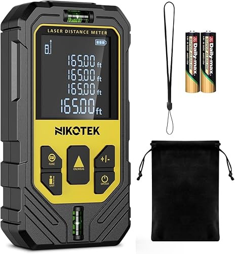 Nikotek Laser Entfernungsmesser, Digitales Laser Entfernungsmesse mit Pythagoras/Abstand/Fläche/Volumen Messungen, M/In/Ft, 2X 1,5-V Batterien, IP54, Schutztasche