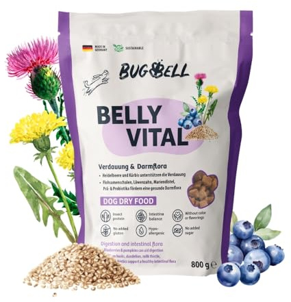 BugBell 800g BellyVital - Premium Trockenfutter mit Insekten - Fettreduziertes Trockenfutter für Hunde - Verdauung & Darmflora mit Präbiotika - Hundefutter trocken mit Löwenzahn