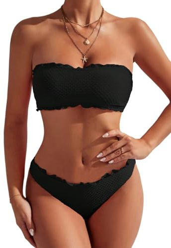 GORGLITTER Bikini Damen Set Bikini Trägerlos Bandeau Bikini mit Wellensaum Bikini Set Zweiteiler Badeanzug Bademode Swimsuit Schwarz L