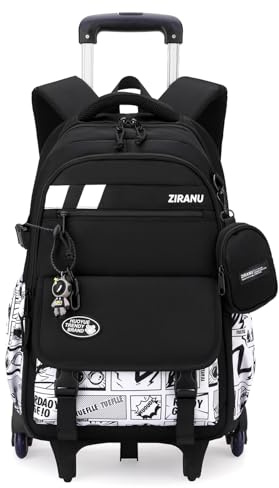 Tanou Trolley Rucksack für Jungen, 28L Schulranzen mit Rollen Schulrucksack Teenager, Abnehmbar Schultasche Trolley Jungen Herren mit Geldbörse und Anhänger, 6 Räder, Schwarz/Weiß