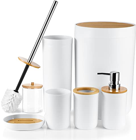 JOTOM 7 Stück Bambus Badezimmer Zubehör Badezimmer Zubehör Set Luxus Modern Bad Set Zahnbürstenhalter Becher Qtip Halter Toilettenbürste Set Seifenschale Mülleimer Seifenspender (weiß)