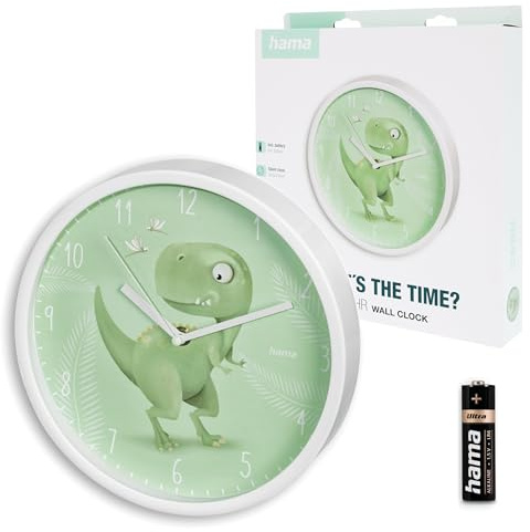 Hama Kinder Wanduhr Cebu (ohne Tickgeräusche, analoge Quarzuhr geräuscharm, Ø 25cm, Dinosaurier Motiv, für Kinderzimmer, Dinouhr, mit Stunden-, Minuten- und Sekundenzeiger, inkl. Batterie)