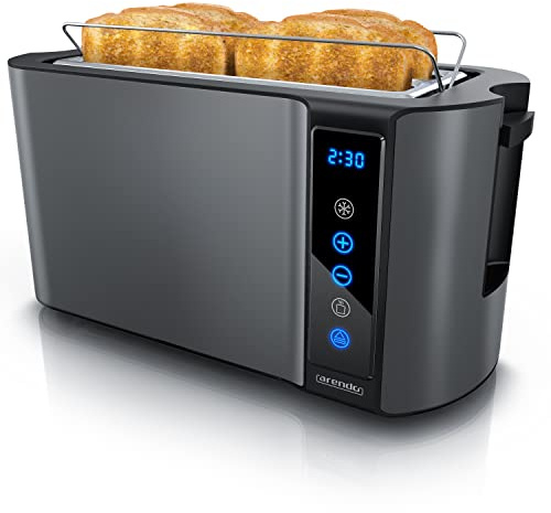 Arendo - Edelstahl Toaster Langschlitz 4 Scheiben- Touchscreen – Doppelwandgehäuse – 1500 W – Integrierter Brötchenaufsatz – 7 Bräunungsgrade – Brotzentrierung – Restzeitanzeige – Memoryfunktion