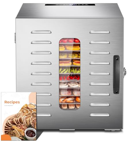 Kwasyo Dörrautomat Edelstahl DA 1000, XXL-Dörrfläche 1,1 m², Dörrgerät Temperatur einstellbar 30-90℃, LED-Display, 24 Std, BPA-frei, mit Rezeptheft, 10 Edelstahl-Dörrtabletts