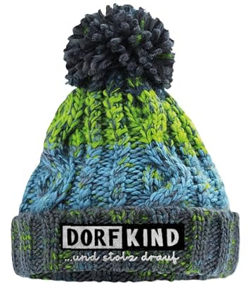 tshirtladen Bommelmütze mit Stickerei Dorfkind und stolz Drauf aus mehrfarbigem Strick mit Zopfmuster doppellagig warm gefüttert mit Thermalband Unisex Wintermütze Electric Grey