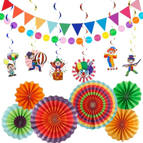 Karneval Party Dekoration Gartenpartys für Fasching Bunt Geburtstag Feste | 14 Stück Hängenden Papier Lüfter,Hängende Spiralen Girlande,Tissue Bänder und Wimpelketten Girlande